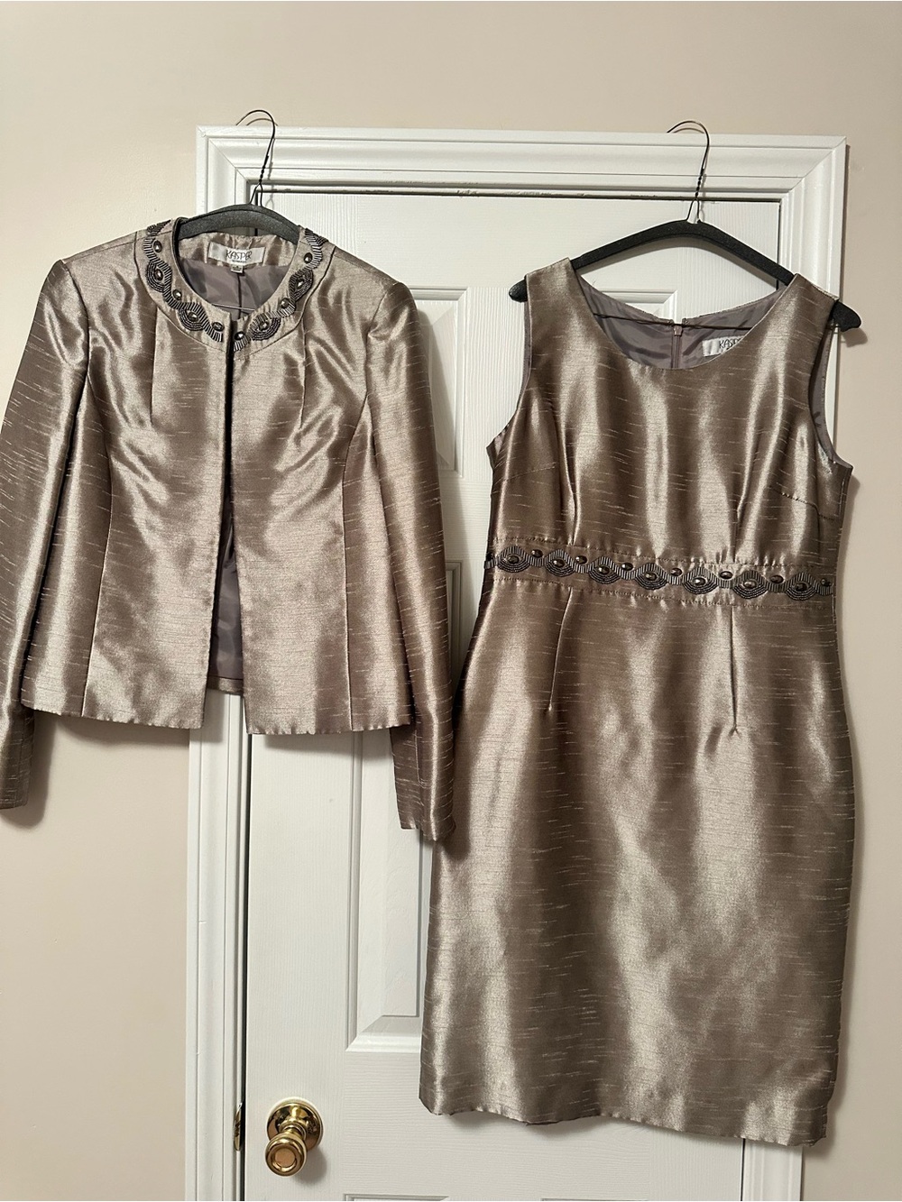 Kaspar Two-Piece Shimmery Taupe Sheath Dress & Jacket Set